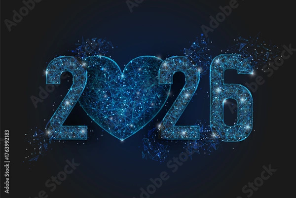 Fototapeta Abstract isolated blue image of new year number 2026. Polygonal low poly wireframe illustration looks like stars in the black night sky in space or flying glass shards. Digital web, internet design.