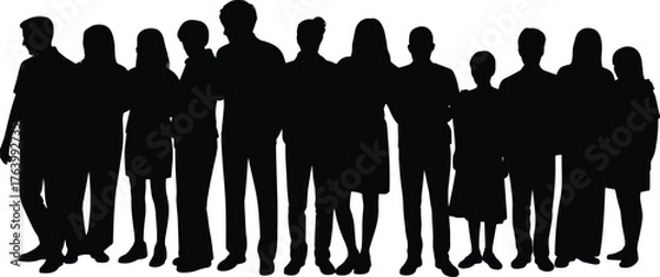 Obraz Group silhouette vector illustration, thirteen people standing in a row, black figures, posture and height variation, unity and diversity theme
