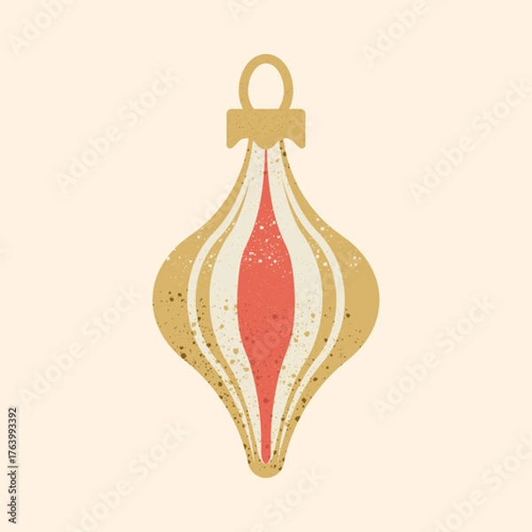 Fototapeta Vector illustration of a classic Christmas ornament with elegant vertical gold and cream stripes, golden cap, and retro texture on light background. Perfect festive element for holiday design projects