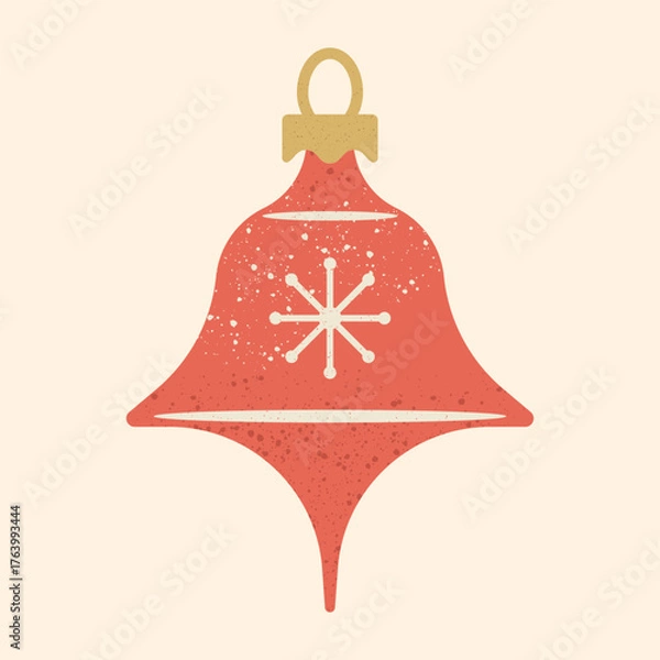 Fototapeta Vector illustration of red Christmas ornament, bell shape with a white snowflake symbol in the center Retro festive decoration for winter holidays isolated on beige background with soft texture