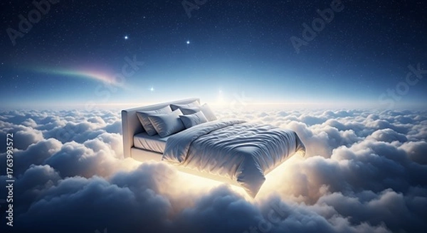 Fototapeta Dreamy Bed Floating in Cloud Sky Under Starry Night Sky with Aurora Borealis