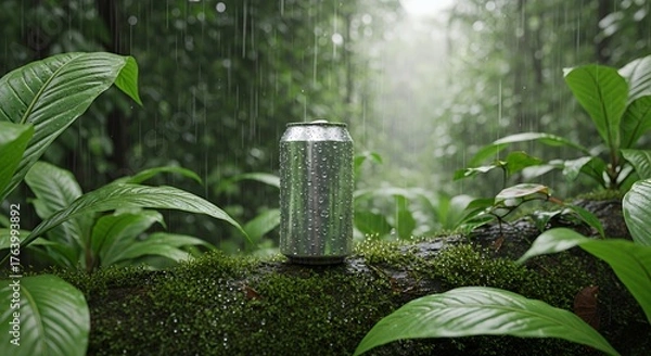 Fototapeta Silver Aluminum Can on Mossy Log in Lush Green Rainforest