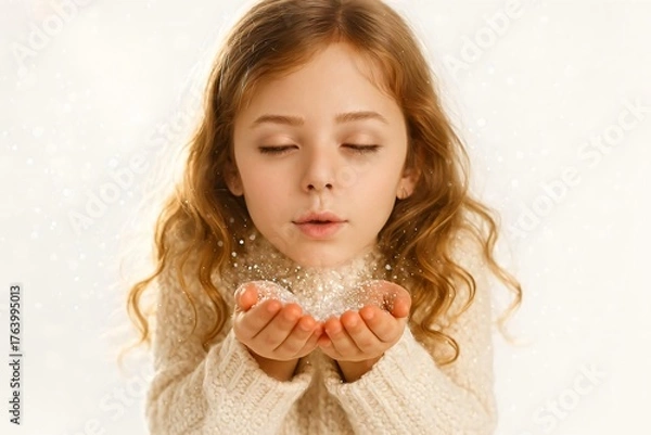 Fototapeta Child blowing glitter in soft winter light, magical Christmas portrait with dreamy atmosphere and cozy beige tones on white background.
