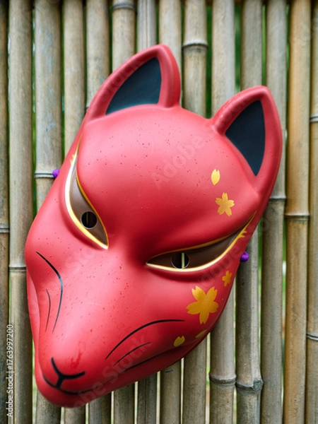 Fototapeta 紅に咲く花模様の狐面