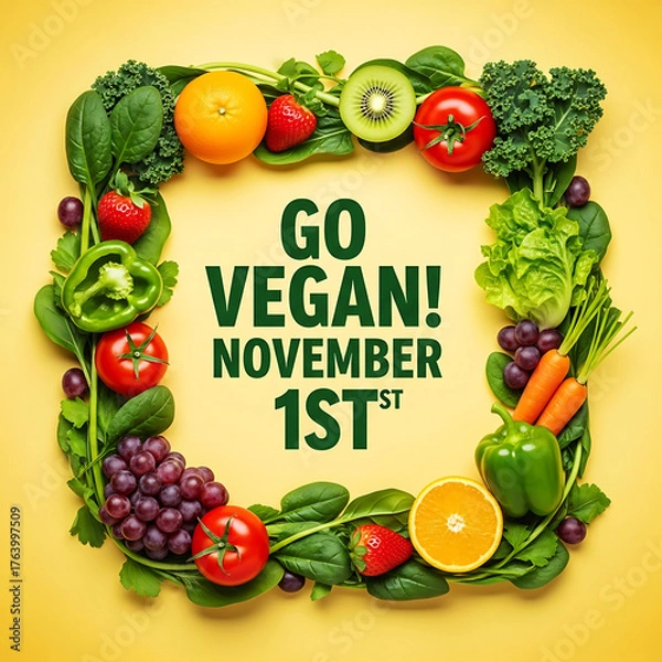 Obraz World Vegan Day, November 1st. Fresh fruit and vegetable frame border on yellow background.
