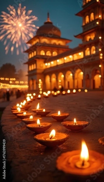 Fototapeta Row of traditional earthen lamps illuminate historic palace architecture during festive night celebration. Fireworks light up sky above grand building. Vibrant colours, joyful ambience reflect rich