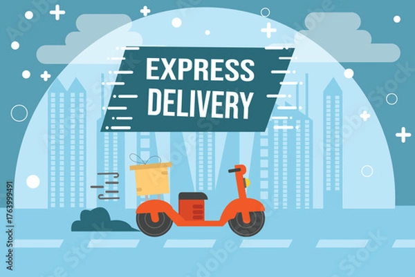 Fototapeta Express delivery scooter illustration in flat vector style.Red scooter with delivery box driving through modern cityscape background.Perfect for fast shipping,courier service,food delivery and more.