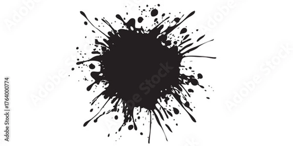 Fototapeta Circular black ink blot with radiating splatters and a messy grunge texture.