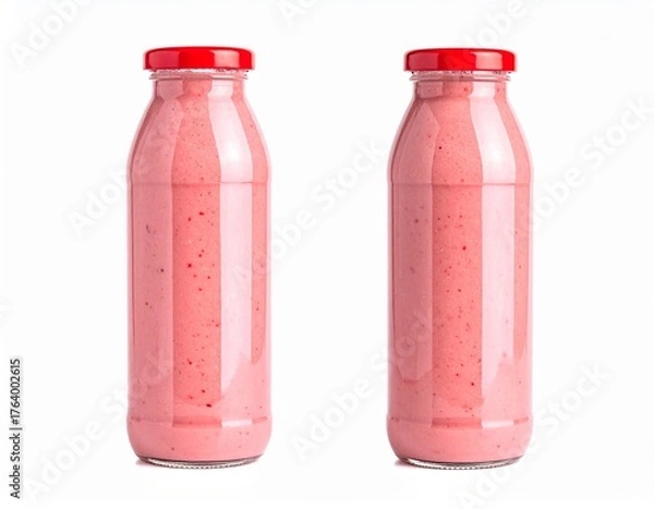 Fototapeta Strawberry Smoothie Isolated on White Background — Refreshing Summer Drink in Glass Bottle
