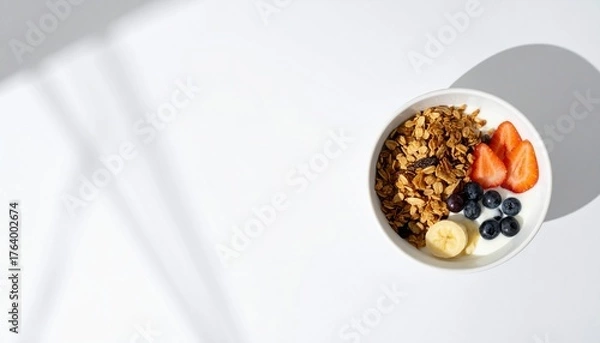 Fototapeta Top view of granola, yogurt, and fruits served on a white background with bright natural light. Minimal and clean composition perfect for nutrition, healthy lifestyle, and wellness concepts.