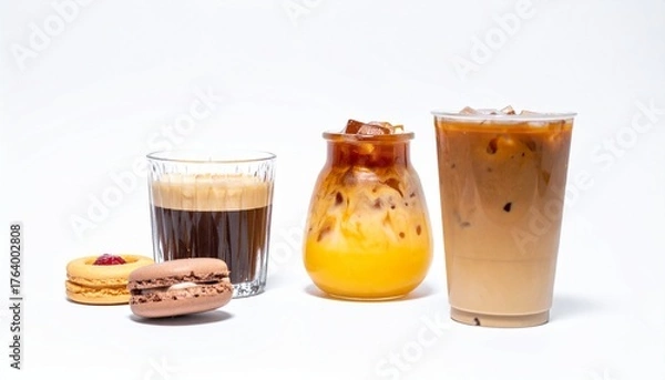 Fototapeta Trendy Modern Food and Drink Isolated on White Background — Aesthetic Coffee, Desserts, and Refreshing Beverages for Lifestyle Concept
