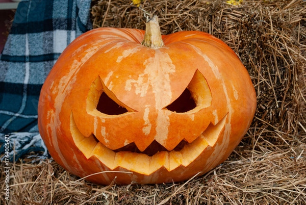 Obraz orange Halloween pumpkin on a haystack