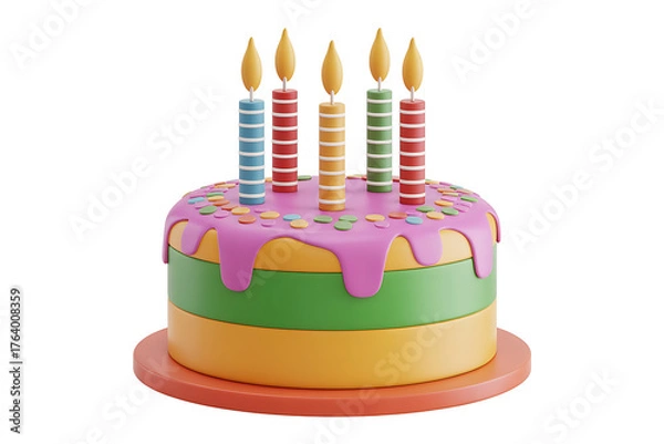 Fototapeta Colorful cake with lit candles, celebrating a joyful occasion with vibrant decorations.