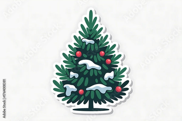 Fototapeta Stylized evergreen tree adorned with red berries and white snow, evoking a festive winter scene.