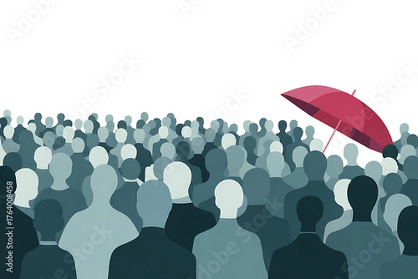 Fototapeta A single red umbrella shields a crowd of indistinct figures, representing protection and safety among many.