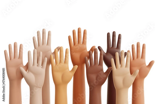 Fototapeta Diverse hands raised upwards, symbolizing unity, hope, and collective action among various skin tones.
