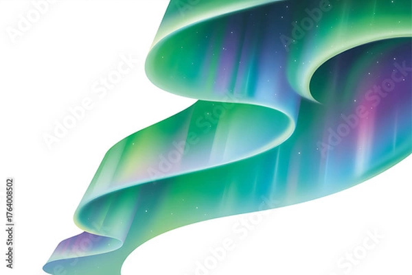 Fototapeta Vibrant green and blue aurora borealis swirls across a white background, evoking wonder.