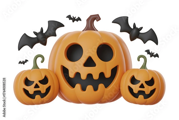 Fototapeta Festive pumpkins with carved faces and bats create a spooky, autumnal Halloween scene.
