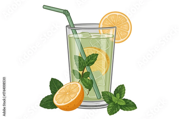 Fototapeta Refreshing beverage with citrus slices, mint leaves, and ice, a cool and vibrant drink.
