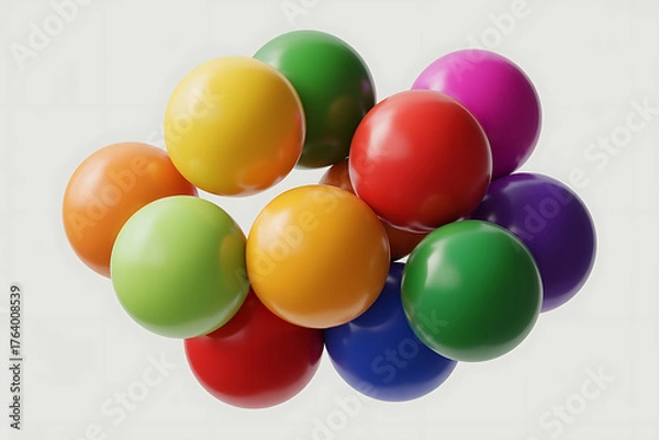 Fototapeta A cluster of colorful spheres in yellow, red, green, orange, and purple creates a vibrant, playful composition.