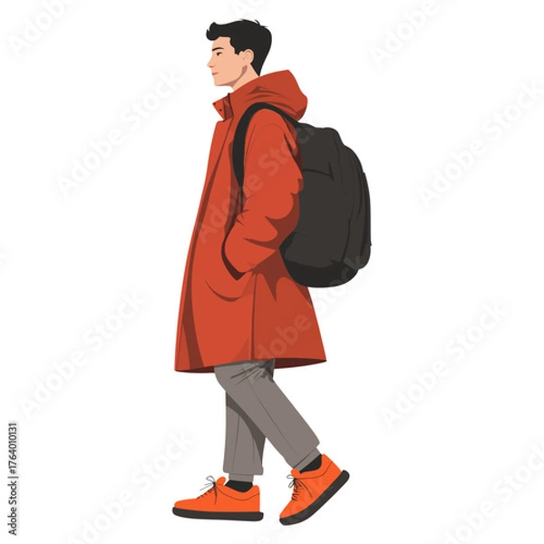 Fototapeta A man in a long deep red coat illustration backpack walking vector