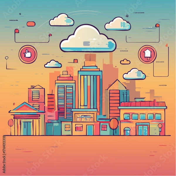Obraz  Set of minimal line icons representing technology concepts like cloud computing, AI, coding