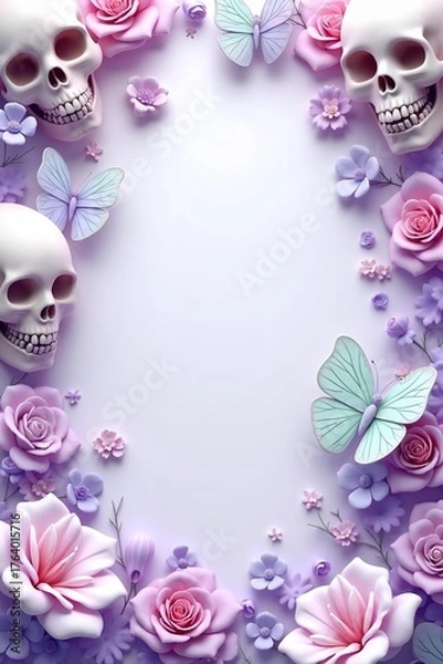 Fototapeta pastel goth border frame, decorated with skulls, roses and butterflies
