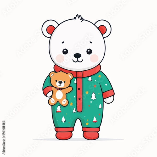 Obraz doodle flat vector of baby wearing Christmas pajamas holding a teddy bear