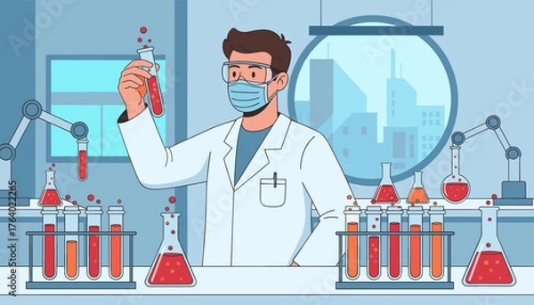 Obraz A scientist in a lab coat, mask, and goggles holds up a test tube filled with red liquid, surrounded by robotic arms and various beakers and flasks containing bubbling red and orange solutions