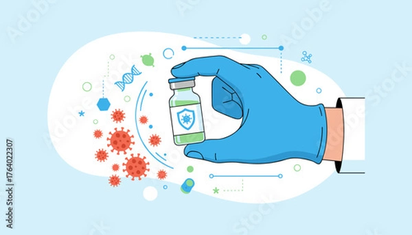 Obraz A gloved hand holds a vaccine vial, symbolizing protection against viruses like COVID-19, with scientific elements such as DNA and microscopic virus illustrations in the background, representing