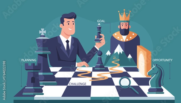 Obraz Strategic business leadership concept illustrated with a chessboard, featuring chess pieces representing planning, challenge, goal, and opportunity, with a businessman making a move towards success.