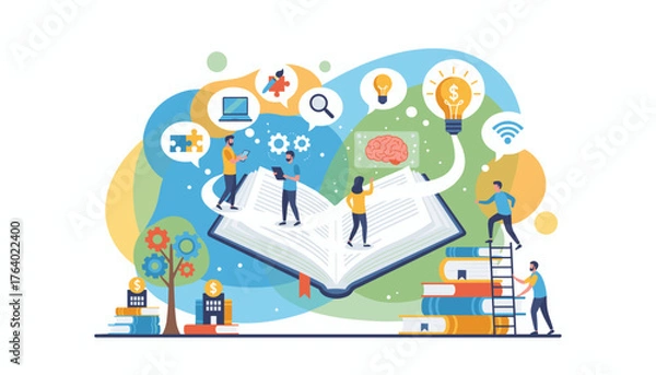 Obraz Vibrant illustration depicting innovative learning and inspiration derived from reading, featuring people interacting with technology, books, lightbulbs, and gears, symbolizing education, creativity