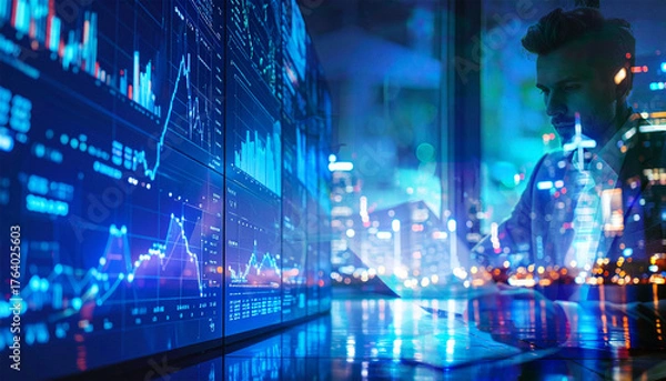 Fototapeta a businessman sit near large digital display board analyzing economic data