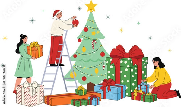 Fototapeta Festive Holiday Presents A Collection of Gifts, Christmas Tree, and Shopping Bags in Vector Illustration