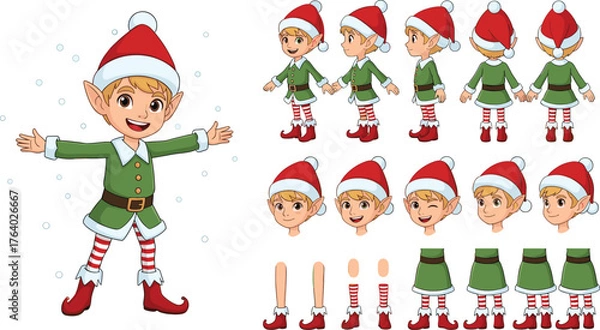 Fototapeta Christmas Elf Character Design A Festive Animated Illustration with Various Poses and Expressions