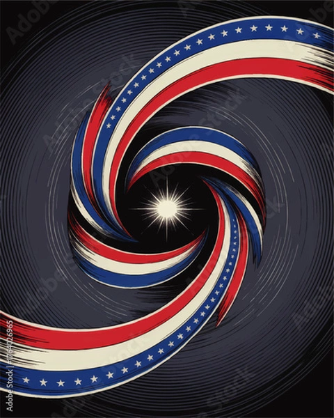 Fototapeta Dynamic Swirling Red White and Blue Patriotic Ribbon with Stars, Abstract American Flag Colors for Election, Celebration, and Independence Day Design