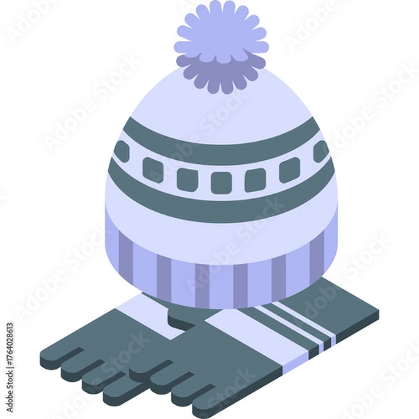 Obraz Pixel Art Winter Hat And Scarf Set In Light Blue And Gray With Green Accents On Transparent Background