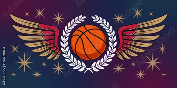 Fototapeta Creative Basketball Emblem with Wings and Laurel on Starry Gradient Background – Sports Victory Concept Illustration