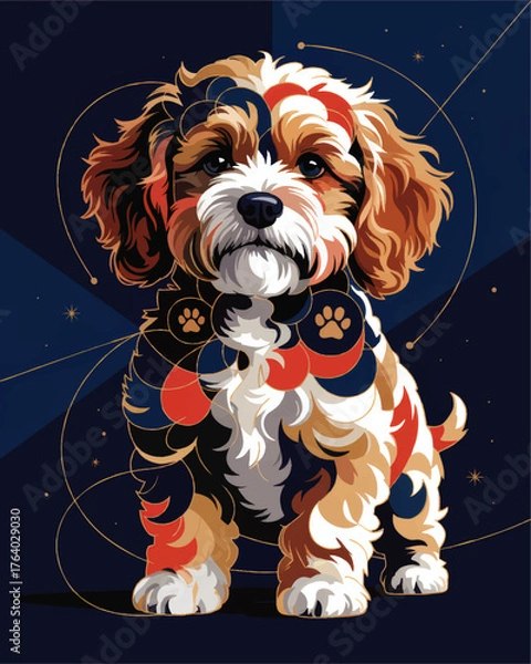 Fototapeta Adorable Abstract Dog Illustration in Modern Geometric Style with Colorful Patterns and Cosmic Background for Pet Art and Design