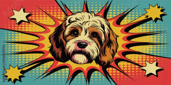 Fototapeta Adorable Dog Pop Art Illustration – Comic Book Style Canine Portrait with Colorful Explosive Halftone Background