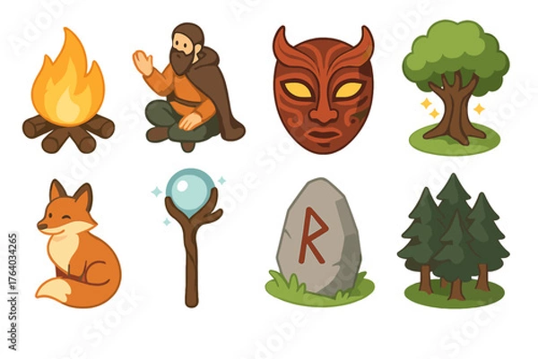Fototapeta Folklore & Legends set icons in modern isometric flat vector style: campfire, storytelling figure, mask, enchanted tree, trickster fox, magical staff, rune stone, mysterious forest