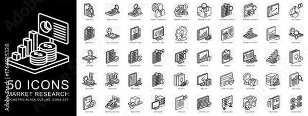 Fototapeta Market Research isometric black outline icons set. contain analysis, evaluation, statistic, growth graph, industry and more. Vector for modern concept, print, UI, UX kit, web and app development.