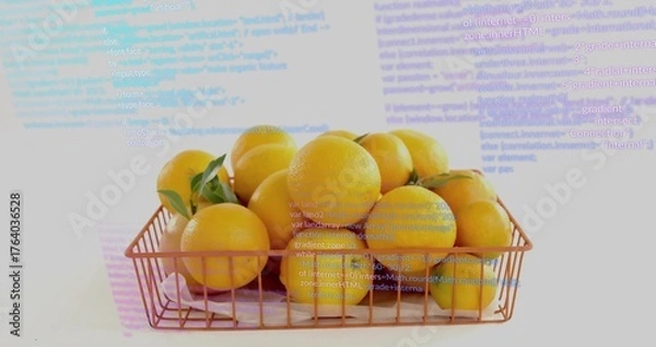 Fototapeta Displaying copper wire basket holding fresh oranges with leaves in bright studio, with code overlay