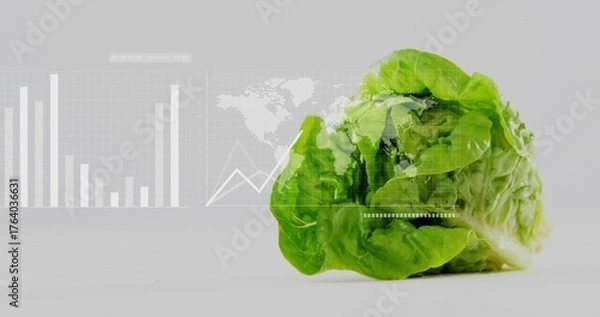Fototapeta Displaying fresh green lettuce fanning crisp leaves on white tabletop, with analytics overlays
