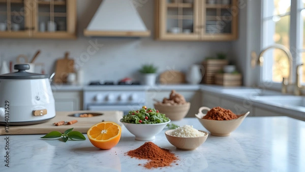 Fototapeta Culinary preparation with rice cooker and vibrant ingredients display on a kitchen countertop
