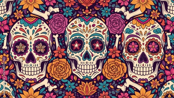 Fototapeta Vibrant Day of the Dead Sugar Skulls Seamless Pattern with Colorful Flowers and Bones