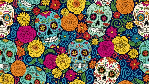 Fototapeta Vibrant Day of the Dead Sugar Skull and Floral Seamless Pattern Background