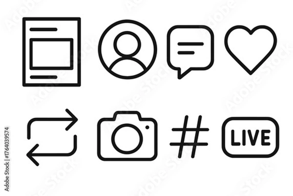 Obraz Social Media outline icon set: feed layout, user story ring, chat message, like heart, repost icon, photo camera, trending tag, live stream badge.