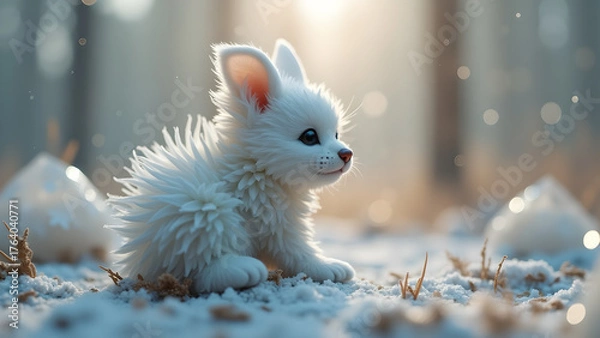 Fototapeta Enchanting winter portrait showcases an adorable white puppy amidst a snow kissed backdrop evoking