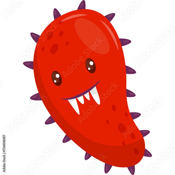 Fototapeta Red Cartoon Microbe with Spiky Edges and Happy Expression against Transparent Background